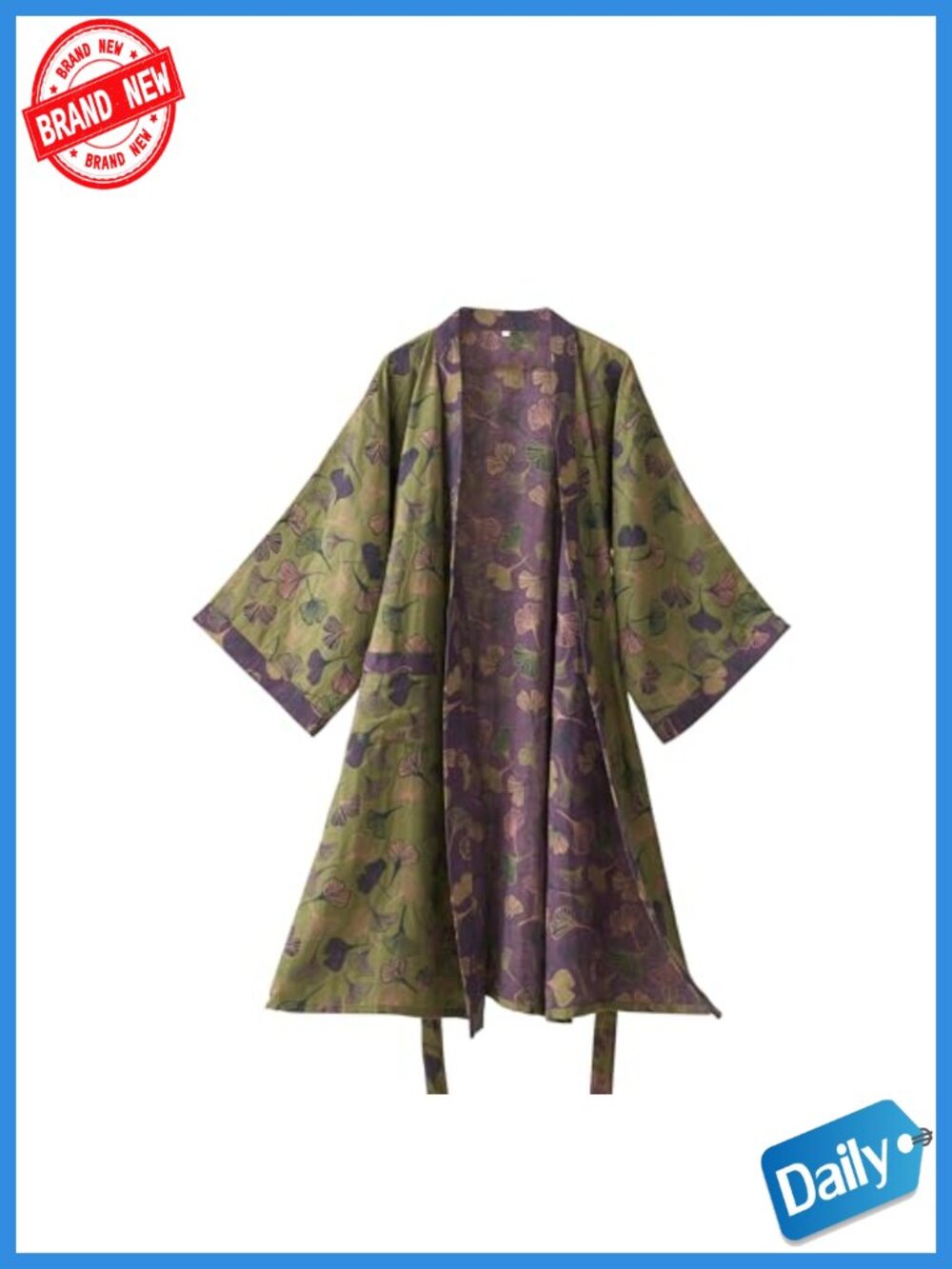 100% Cotton Long Loungewear Kimono Robe with Side Pockets Tie Belt
